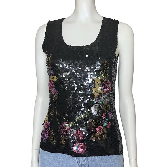 Vintage Y2K Black Multicolor Sequin Going Out Top S/M Whimsigoth Fairy Goth Tank - Picture 2 of 8